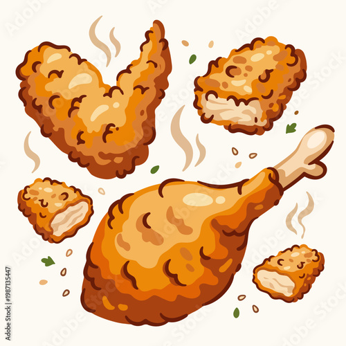 This image features an array of crispy fried chicken pieces, showcasing both a delicious drumstick and bite-sized nuggets, surrounded by aromatic steam.