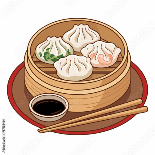 This appetizing image showcases a bamboo steamer filled with assorted dumplings, beautifully arranged and served with soy sauce, inviting culinary exploration and enjoyment.