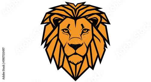 Geometric lion head emblem in orange and black lines on a white background design