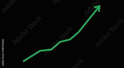 Green upward trend graph on black background representing growth, progress and success