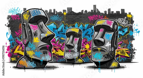 Graffiti Moai Heads Urban Street Art Colorful Tagging
