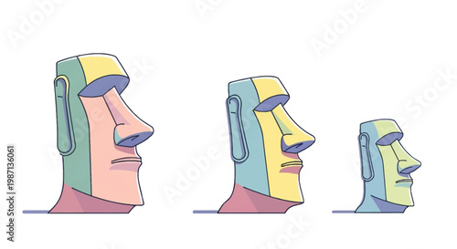 Moai heads in different sizes colorful illustration