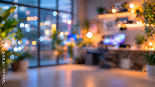 blurred abstract background modern home office workspace interior night bokeh lights cozy creative studio desk plants window city evening freelance