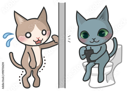 トイレでスマートフォンを見ている猫と、トイレが空くのを待っている猫のキャラクター
