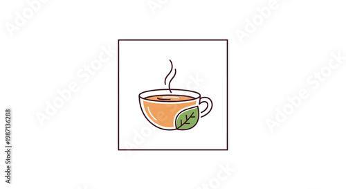 A steaming cup of tea with leaf.
