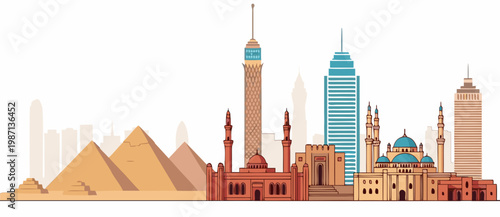 Cairo city skyline featuring pyramids and modern buildings  