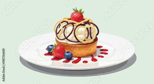 Exquisite dessert: a beautifully decorated tart with fresh berries on a white plate