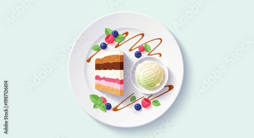 Exquisite dessert: cake slice with ice cream and berries on a white plate artwork design