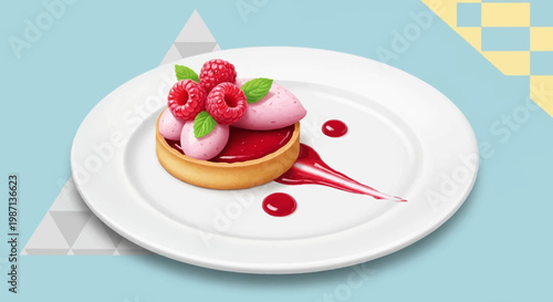 Elegant dessert presentation showcasing a vibrant raspberry tart on a pristine white plate