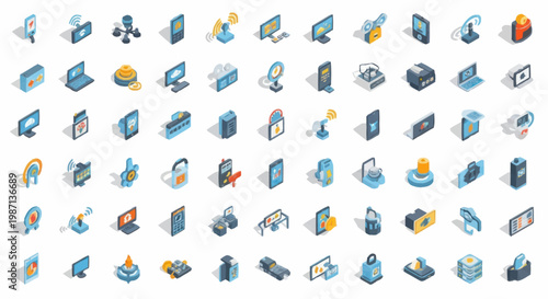 Collection of isometric technology icons and symbols.