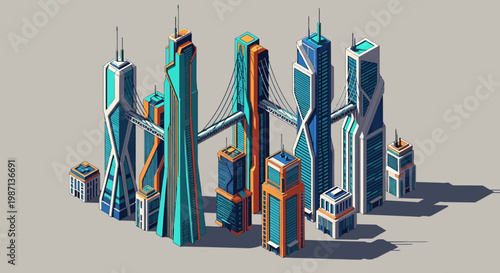 Futuristic Cityscape with Connected Buildings and Bridges, Modern Architectural Design