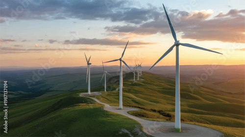 wind turbines on a green hillside at sunset with cloudy sky