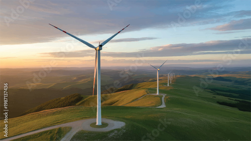 Wind turbines on a green hillside at sunset