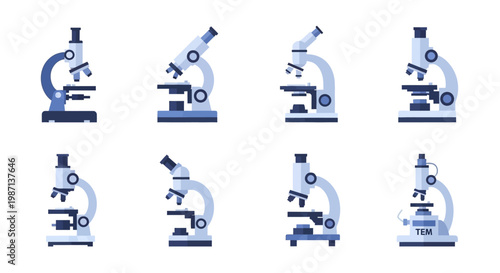Illustration depicting various microscopy arrangements and perspectives against a white background