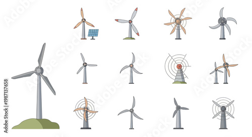 Illustration depicting various wind turbines showcasing renewable energy and sustainable practices