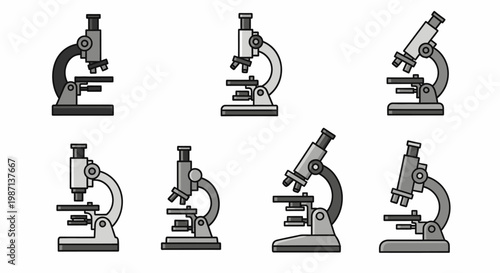 Illustration depicting various perspectives of scientific laboratory microscopes for educational use