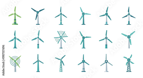 Illustration of a Collection of Diverse Wind Turbines Depicting Renewable Energy Sources