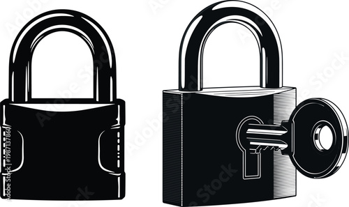 Closed padlock security concept, open padlock with key access, safety protection, privacy lock, unlocking freedom, secure entry, data safety