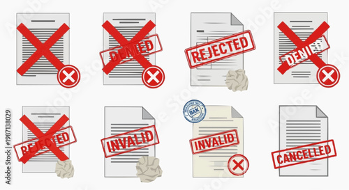A vector graphic illustration of rejected documents with red stamps and crosses in white background.