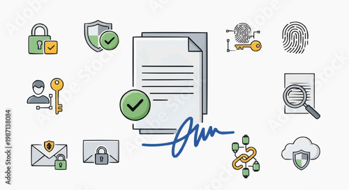 A vector graphic illustration of security and authentication icons surrounding a signed document in white background.