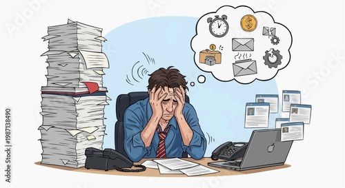 A stressed businessman sitting at his desk overwhelmed with paperwork and thoughts of work. in white background.