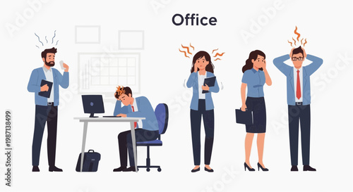 A vector graphic illustration of stressed office workers in a modern workspace in white background.