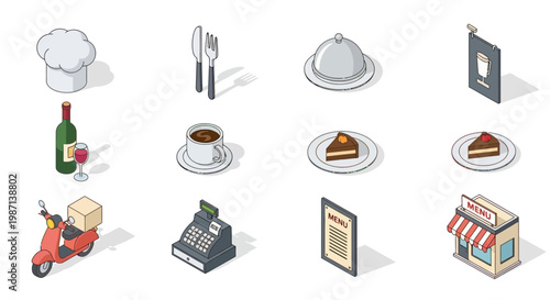 Isometric Restaurant Elements Depicting Cuisine, Service, and Culinary Delights