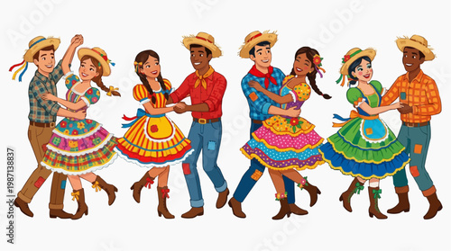 A colorful illustration of people dancing in traditional folk attire with vibrant clothing and accessories in white background.
