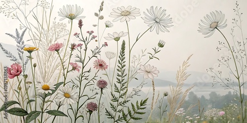 Delicate wildflowers and grasses in soft sunlight with wildflowers botanical outdoors