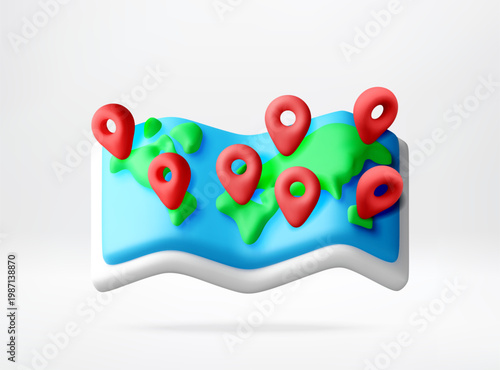 3D world map with red navigation pins. Concept of global travel and logistics tracking. Digital geolocation marker on earth surface for distribution, communication and navigation. Vector illustration