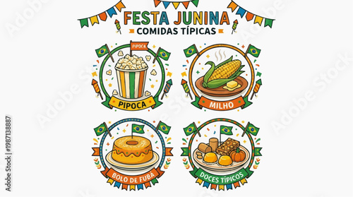 A colorful vector graphic illustration of traditional Brazilian Festa Junina foods in white background.