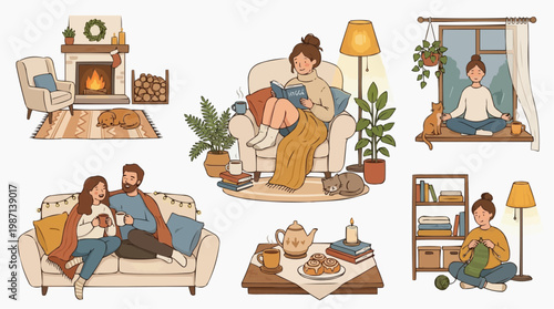 A vector graphic illustration of a woman and a couple enjoying cozy moments at home with their pets in white background.