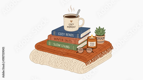 A cozy illustration of a mug, books, and a blanket in a peaceful setting in white background.