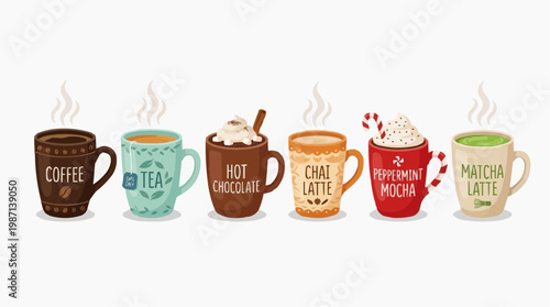 A colorful vector illustration of six steaming hot beverage mugs in a row in white background.