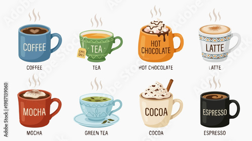 A colorful vector graphic illustration of various hot beverage cups including coffee, tea, hot chocolate, and more. in white background.