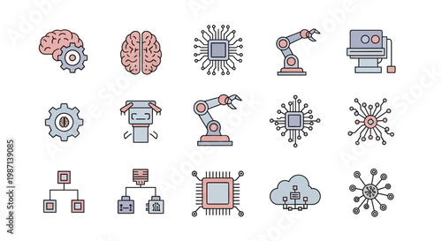 Illustrated Icons Depicting Artificial Intelligence, Robotics, and Technological Advancements