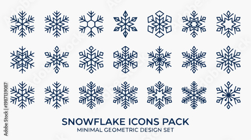 A set of minimal geometric snowflake icons in a flat design style in white background.