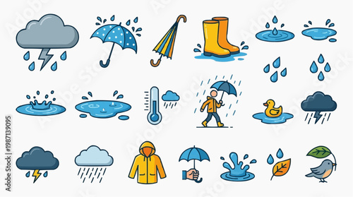 A colorful vector graphic illustration of various rainy day icons and symbols in white background.
