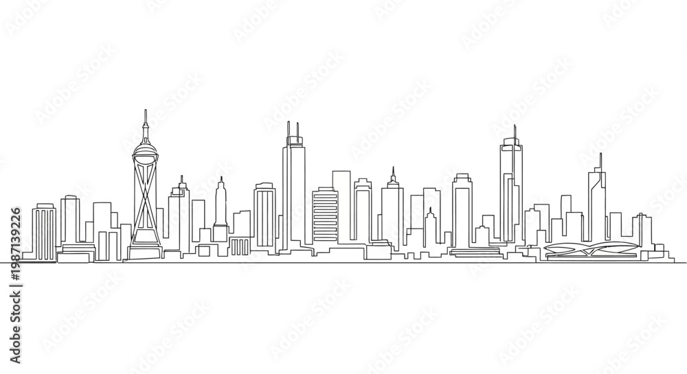 Fototapeta premium Minimalist continuous line drawing of a modern cityscape skyline.