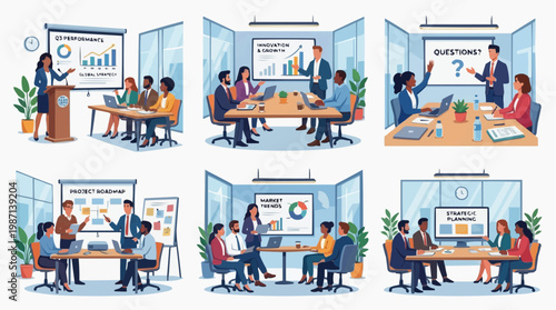 A vector graphic illustration of a business team in a meeting room with various presentations and discussions in white background.