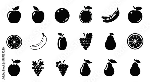 Minimalist monochrome fruit icons set design perfect for use in various creative projects