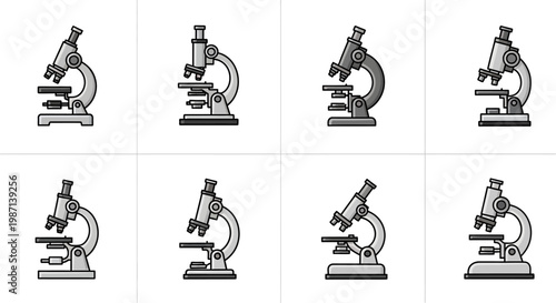 Illustrated scientific equipment featuring variations of a microscope in grayscale