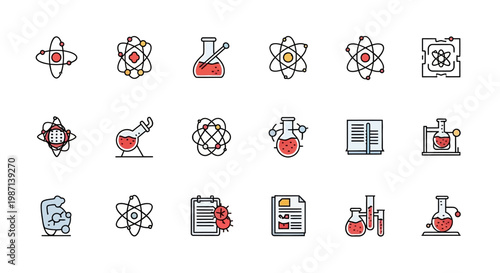 Illustrated scientific icons for research, experiments, and laboratory analysis, with modern design