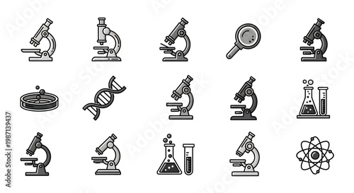 Illustration depicting scientific equipment including microscopes, dna, atom, and lab elements