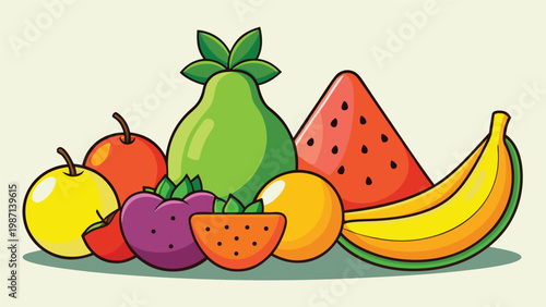 A colorful assortment of fresh fruits including apples, watermelon, bananas, grapes, pears, and strawberries displayed together in a vibrant and appealing arrangement perfect for a healthy lifestyle p