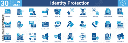 Identity Protection editable icon set vector illustration concept for business with icon of User Profile, Verification, Authentication, Password, Private Key, Biometric, Face Recognition, Retina Scan.
