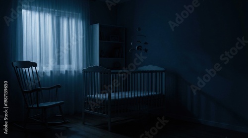 Dark nursery room with wooden crib and rocking chair at night. Spooky haunted house interior with moonlight through window. Eerie ghost story atmosphere for thriller and horror movie.