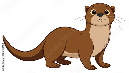 A cute and friendly cartoon otter with a light brown body and a darker brown tail standing on all fours and smiling directly at the viewer while appearing playful and curious in a simple animated styl