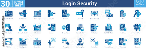 Login Security editable icon set vector illustration concept for business with icon of Login Credentials, Login Session, Secure Login, Log Out, Username, Password, Secure Password, Otp, Pin, Token.