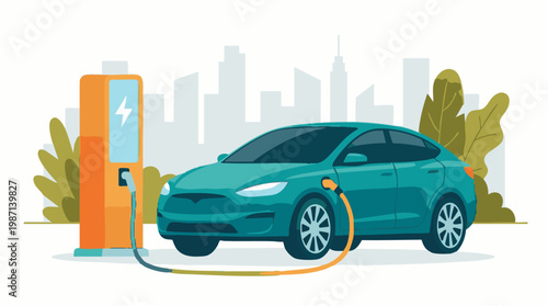 Electric car charging at a public station with city skyline in background